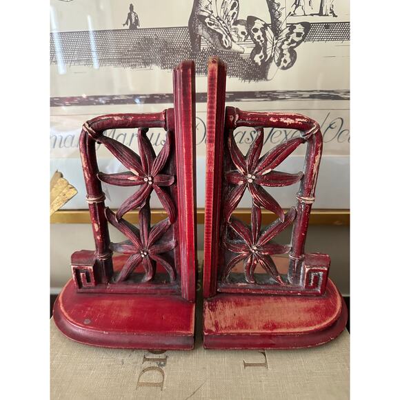 2 Vintage Chinoiserie Red Pagoda Style Wall Shelves brackets bamboo sconces aged - Picture 1 of 16